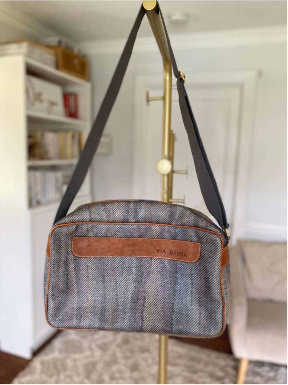 Vergani Italy Tweed Crossbody Tote Bag Brown Gray Wool Leather Vintage Class